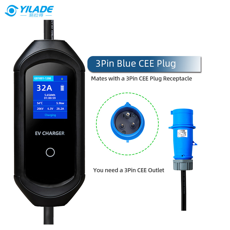 Type 2 Portable Ev Charger 8-16A 1.7-3.5kw  With Screen visualization when Charging 