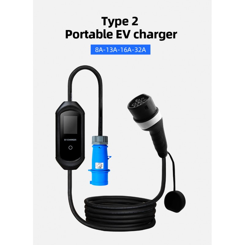Type 2 Portable Ev Charger 8-16A 1.7-3.5kw  With Screen visualization when Charging 